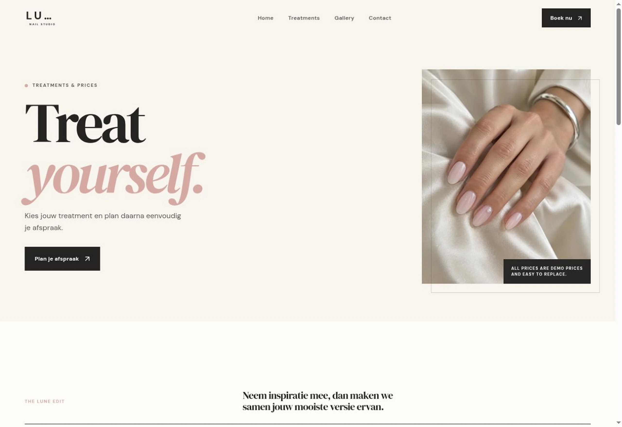 Echte behandelingen- en prijzenpagina van de LUNE nagelstudio website