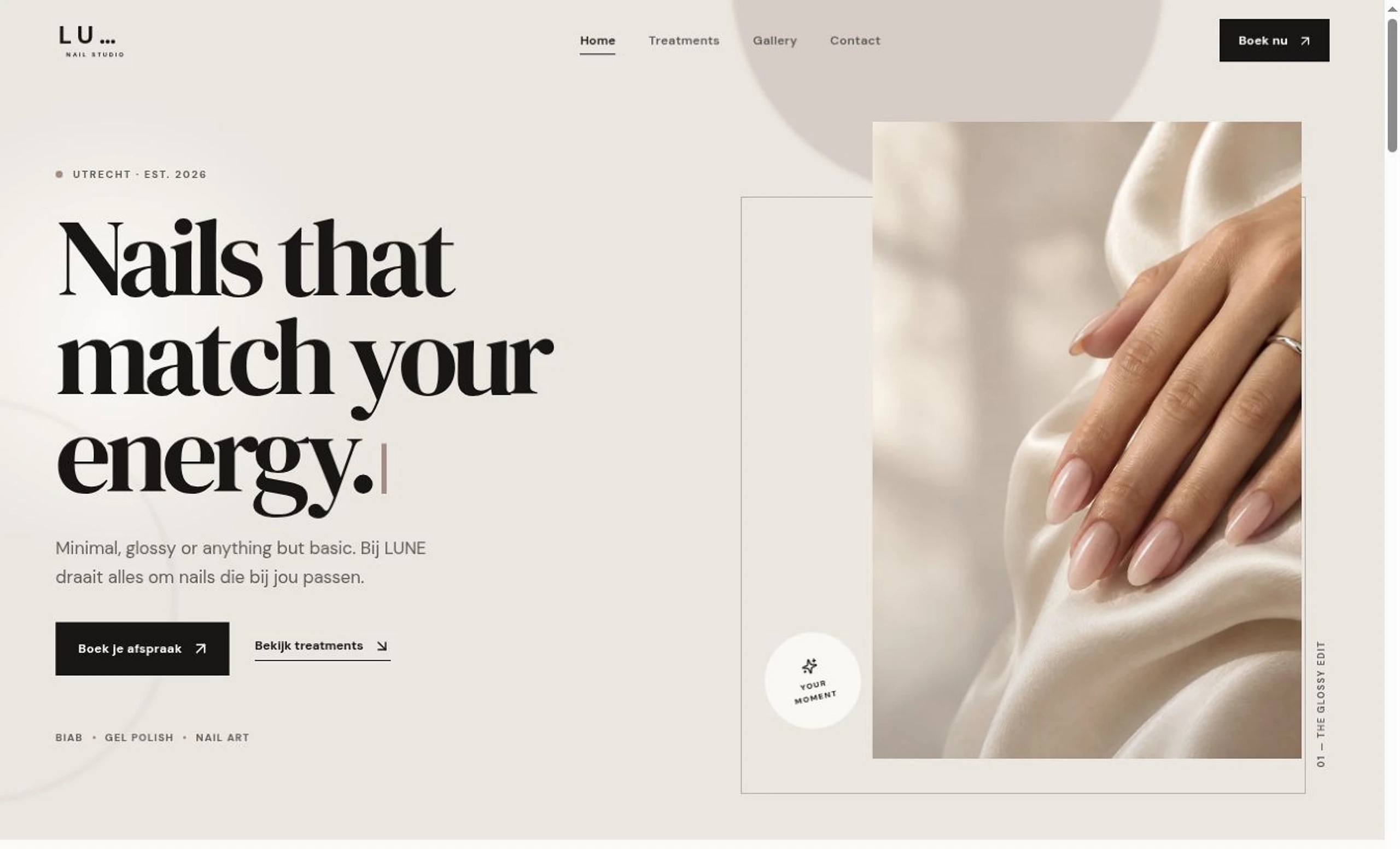 Echte LUNE nagelstudio website in het Noir kleurenpalet